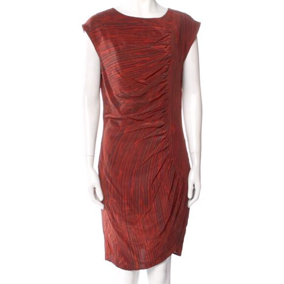 No. 6 Store Red Gathered Ruched Striated Striped 100% Silk Mini Dress 2 M - Picture 4 of 10